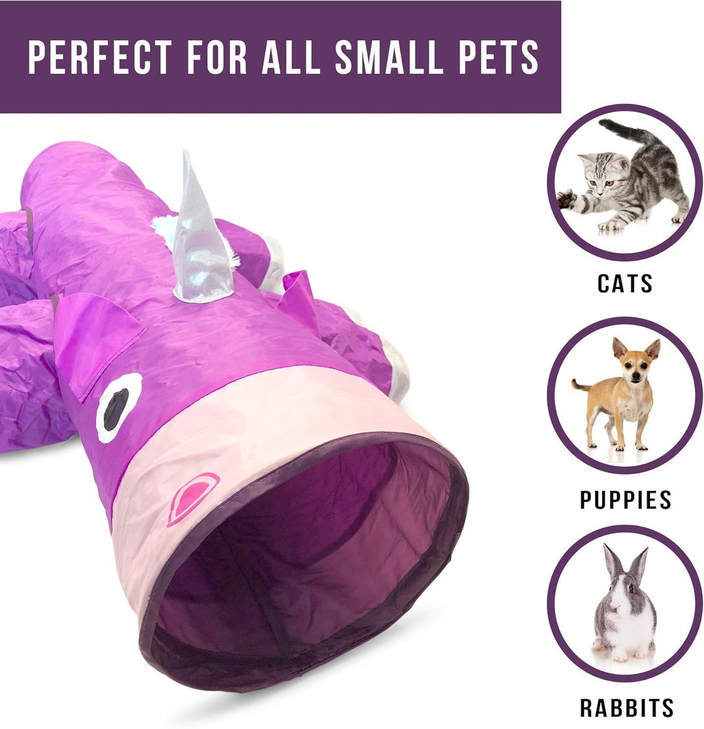 Purple unicorn-themed pet playpen with text indicating it's suitable for small pets like cats, puppies, and rabbits.