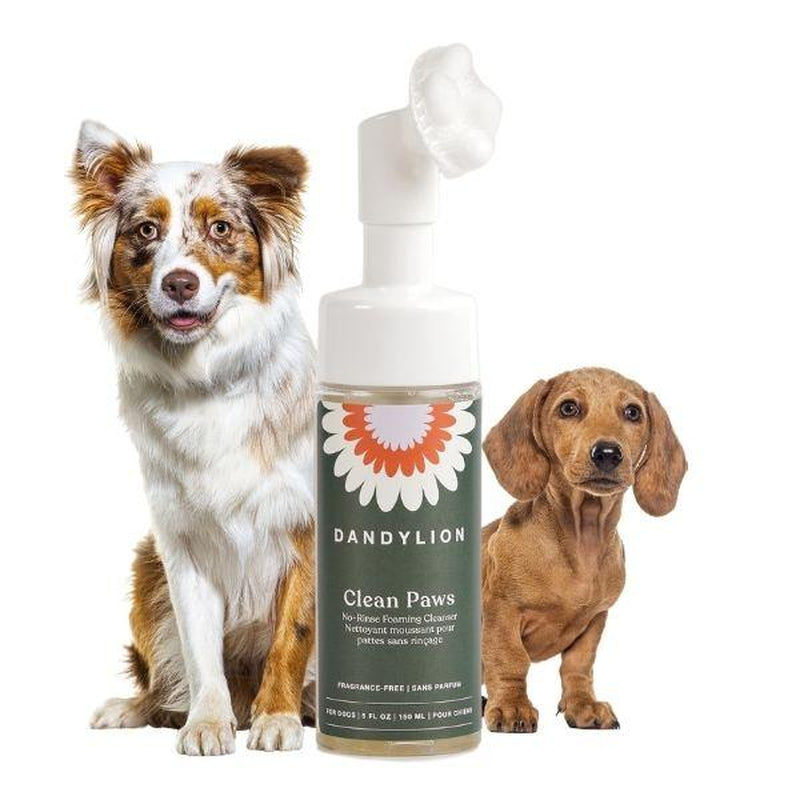 Dandylion Clean Paws product with two dogs on a white background