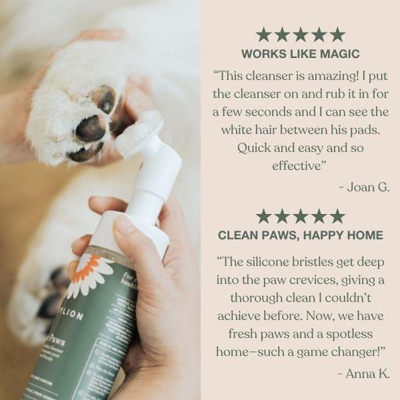 Person using a pet paw cleaner with product packaging and customer reviews displayed.