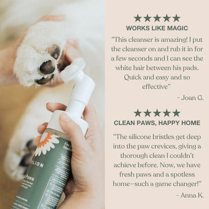 Person using a pet paw cleaner with product packaging and customer reviews displayed.