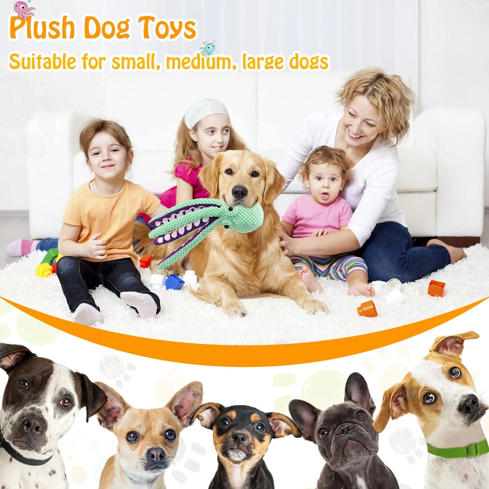 Family with a dog playing with a plush toy, surrounded by images of different dogs.