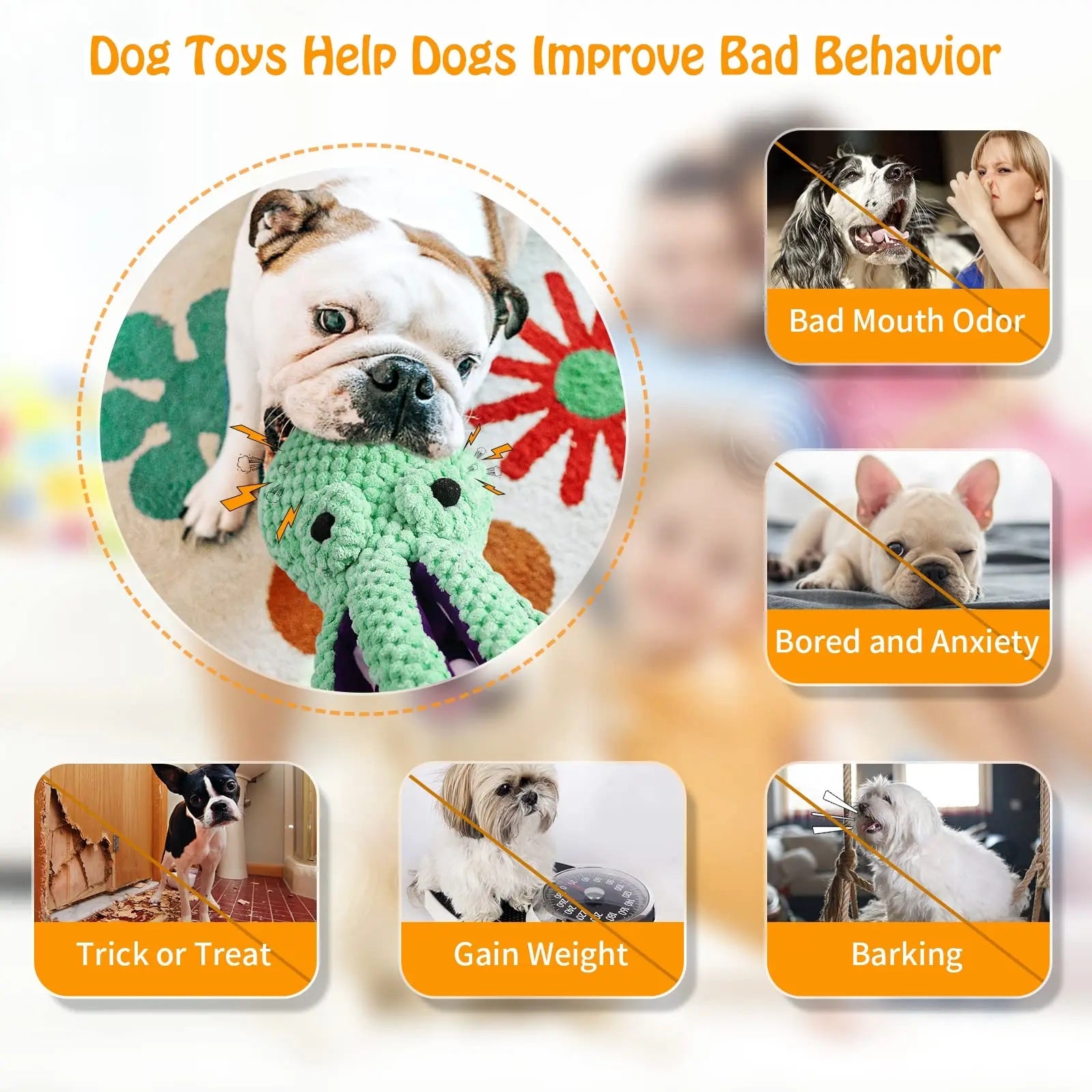 Dog toy with features highlighted, including a bad mouth odor, bored and anxiety, barking, gain weight with a dog playing with the toy.