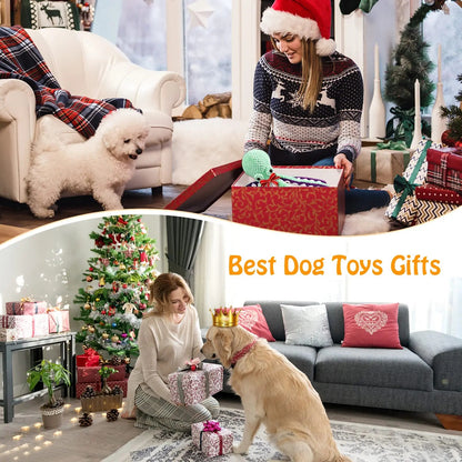 Two scenes of a woman with dogs in a festive living room setting, with text 'Best Dog Toys Gifts'.
