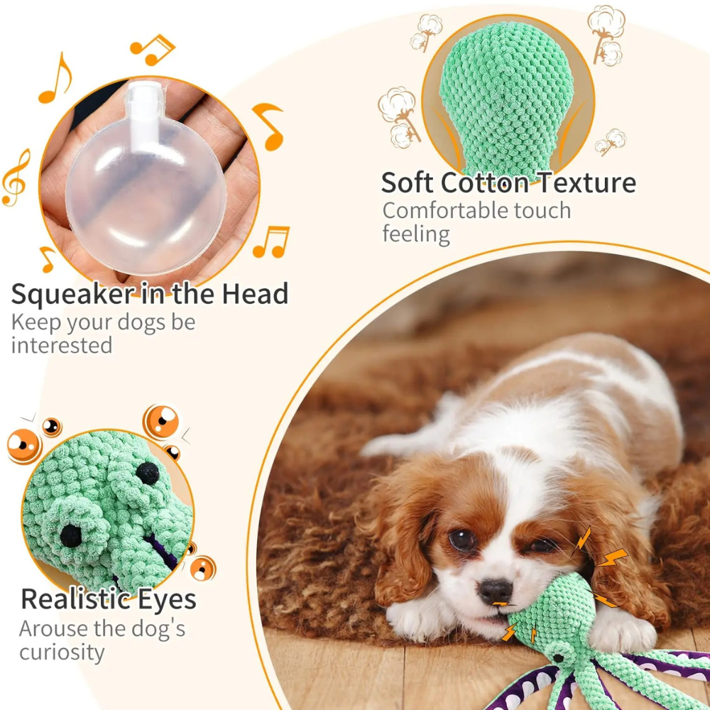 Dog toy with features highlighted, including a squeaker, soft texture, and realistic eyes, with a dog playing with the toy.