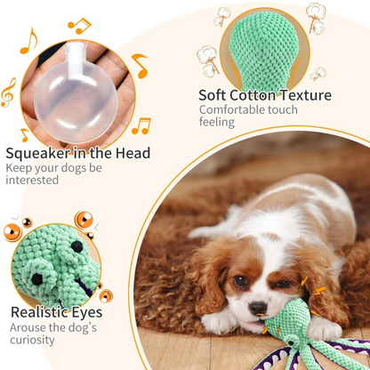 Dog toy with features highlighted, including a squeaker, soft texture, and realistic eyes, with a dog playing with the toy.