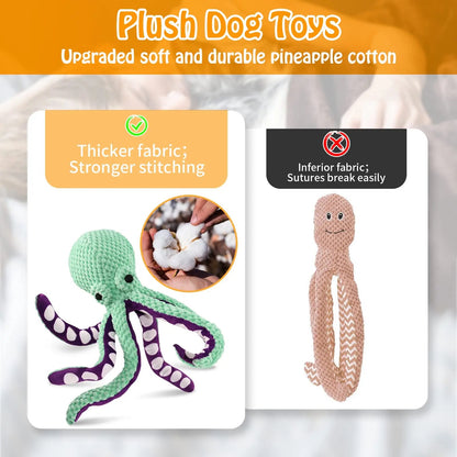 Two plush dog toys with text highlighting upgraded soft and durable pineapple cotton.