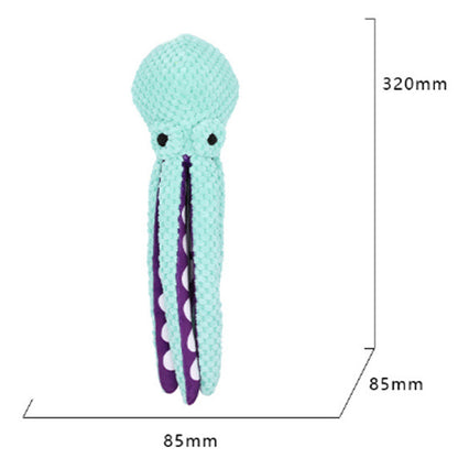 Teal and purple octopus-shaped toy with measurements on a white background