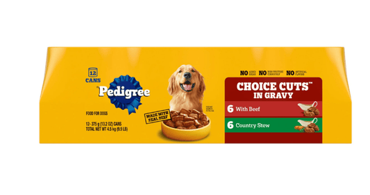 12-pack of Pedigree Choice Cuts in Gravy Beef Flavor Wet Dog Food for adult dogs, tender meaty chunks in savory gravy