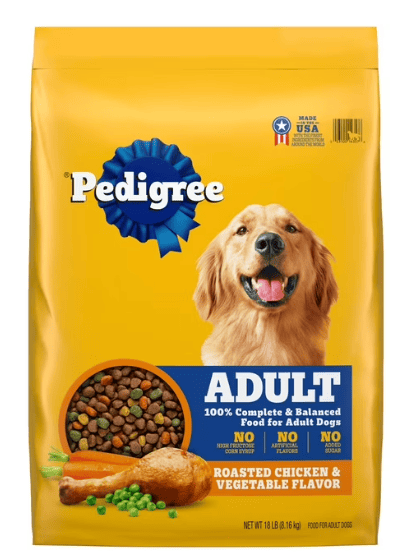 18 lb bag of Pedigree Complete Nutrition Adult Dry Dog Food with roasted chicken flavor for balanced everyday feeding