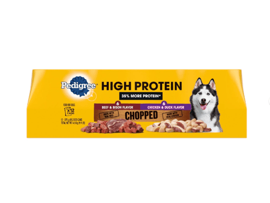 Case of 12 cans of Pedigree High Protein Wet Dog Food with beef and bison, designed to support active and strong dogs