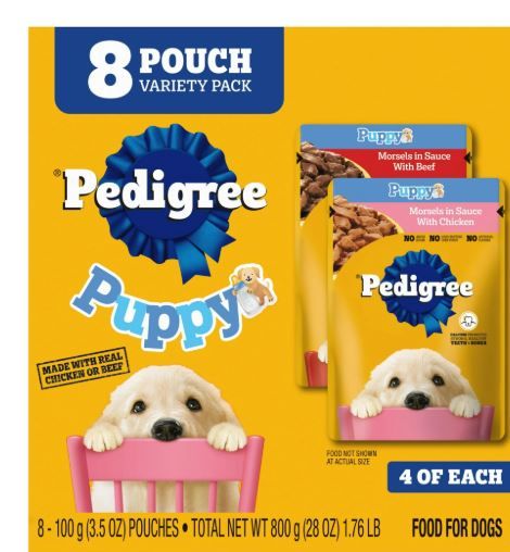 Pack of 8 Pedigree Puppy Wet Dog Food trays in assorted flavors, 3.5 oz each, ideal for growing puppies