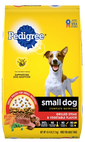 Bag of Pedigree Small Dog Dry Food – Steak & Veggies flavor, 14 lb, with small dog nearby
