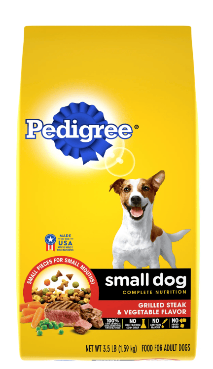 3.5 lb bag of Pedigree Small Dog Dry Food with steak and vegetable flavors, specially formulated for small breeds