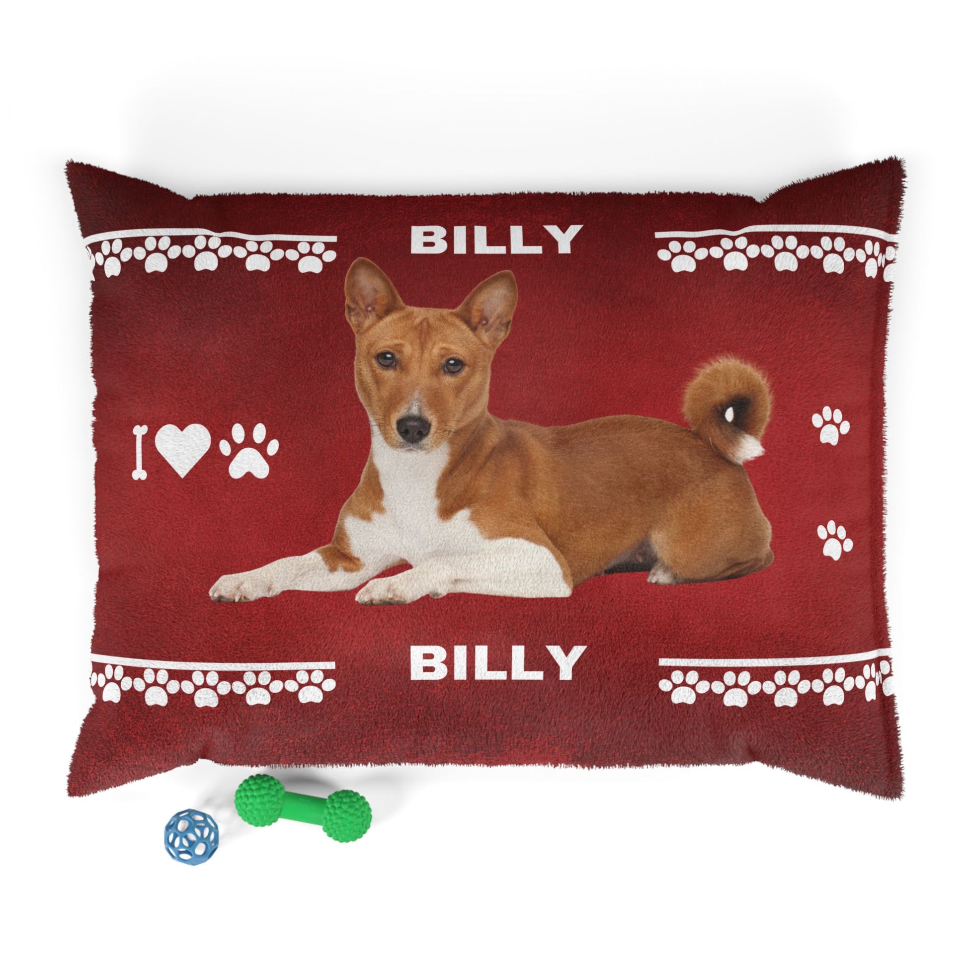 Red pillow with a dog illustration and 'BILLY' text on a white background