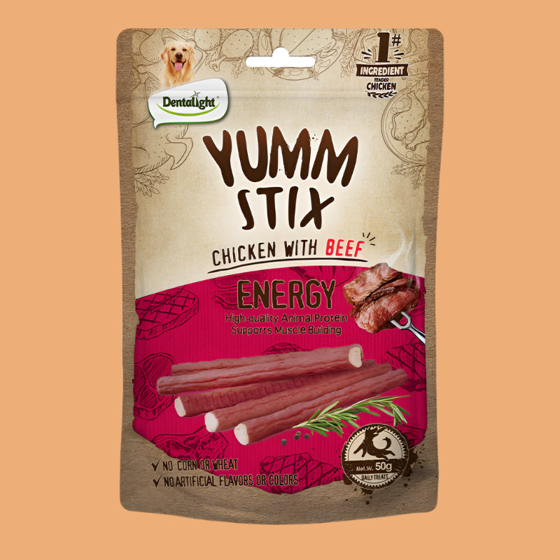 Pet Puppy Vitamin strips in chicken and beef flavors with "Energy" written in bold, designed to boost your pet's vitality and appetite