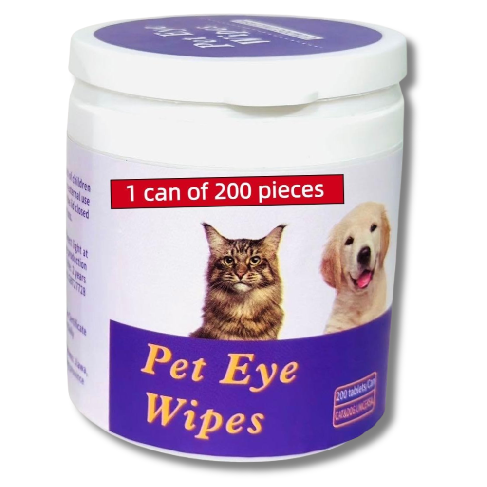 Jar of pet eye wipes with images of a cat and a dog on a white background