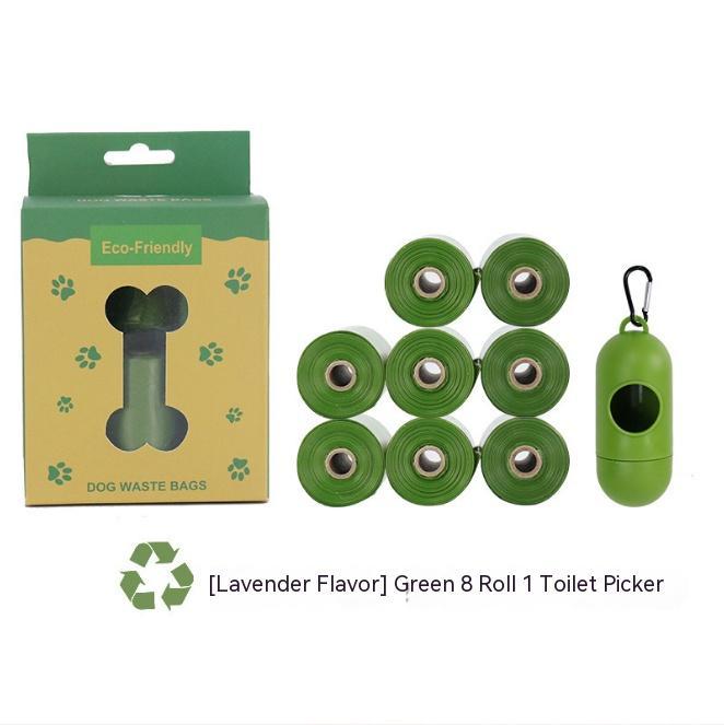 Set of 8 rolls of biodegradable pet garbage bags with a durable waste picker, perfect for hassle-free pet waste disposal