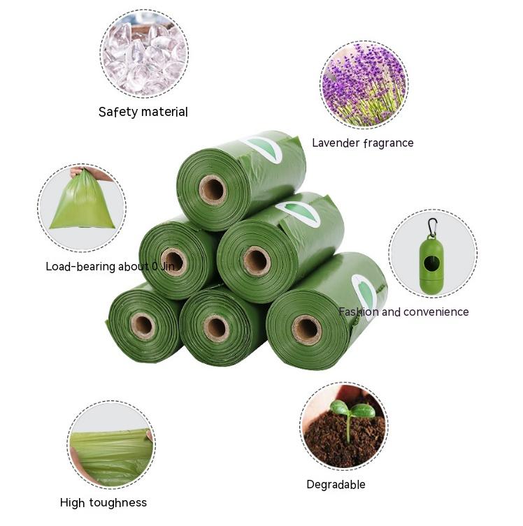 Highlighting the benefits and quality of biodegradable pet garbage bags, including durability, leak-proof design, lavender scent, and eco-friendly materials