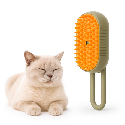 Pet Grooming Steam Brush beige with a cat resting
