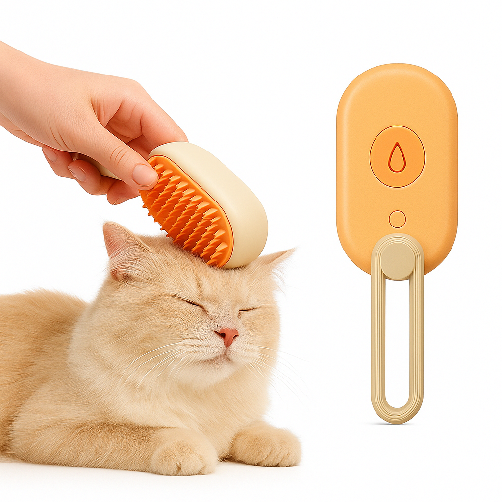 Pet grooming steam brush with a cat and a device on a white background