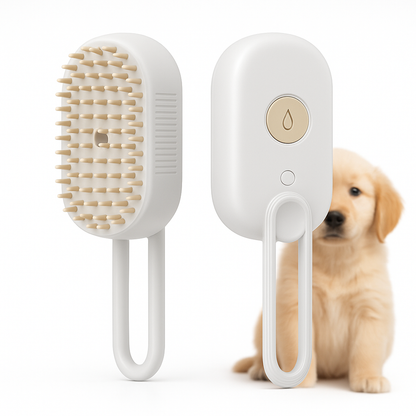 Pet grooming steam brush and device with a puppy in the background on a white background