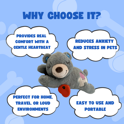 Plush toy with text highlighting its benefits on a blue background