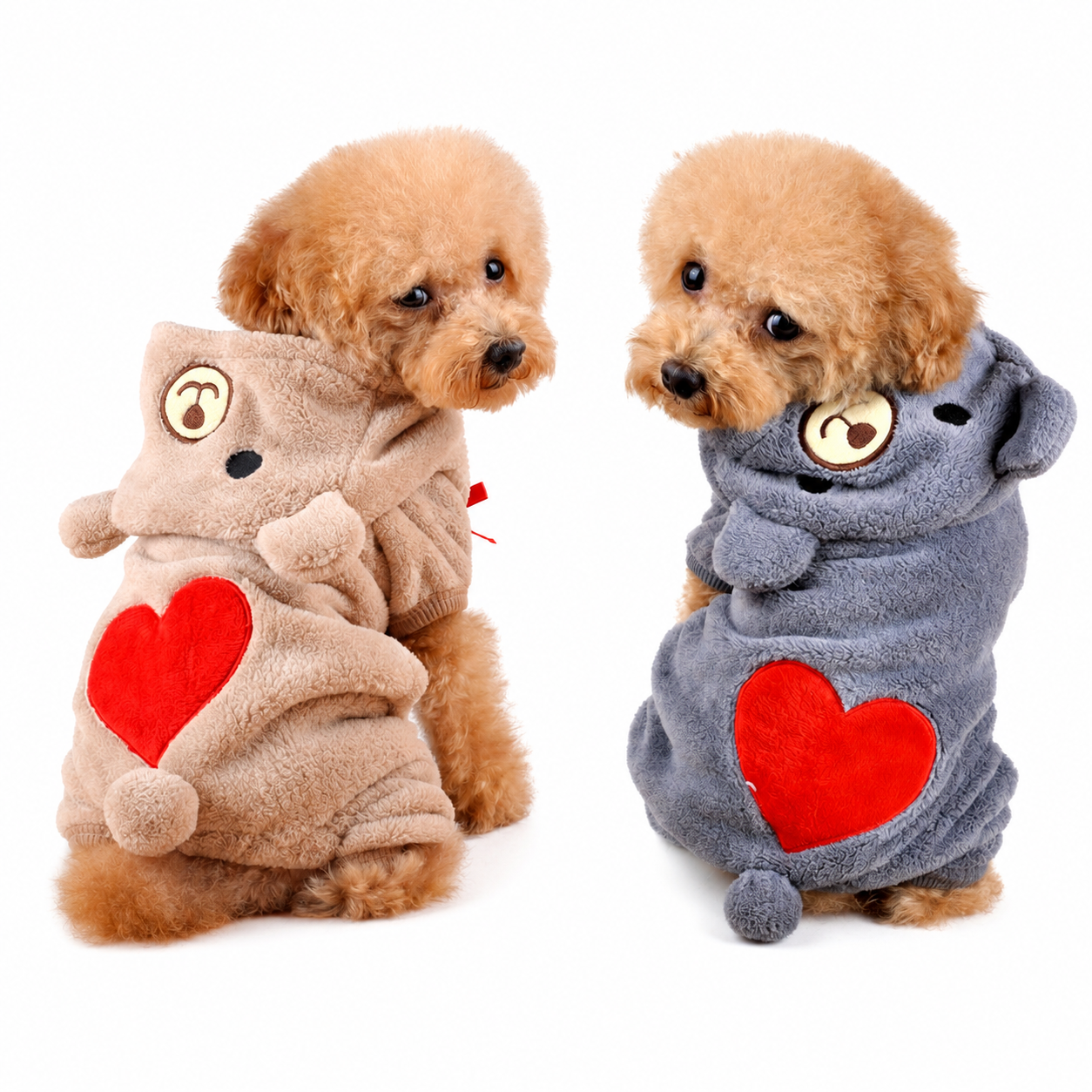 Two small dogs wearing Pet Hoodie for Dogs and Cats with red hearts on a white background