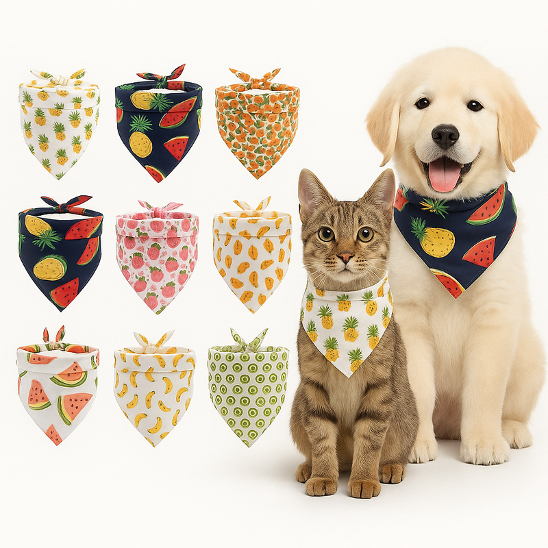 Dog and cat wearing colorful Fruit Pet Bandana with various patterns on a white background