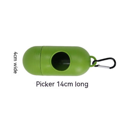 Convenient portable dispenser container for biodegradable pet waste bags, showing dimensions for easy use and storage