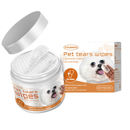 Pet Tear Wipes container showing 60 wipes, designed for easy and effective tear stain and eye dirt removal for pets. Ideal for regular use