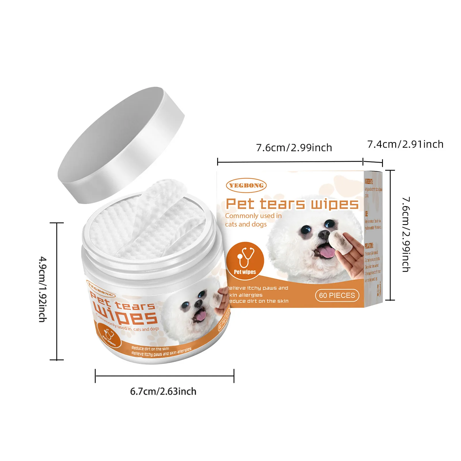 Pet Tear Wipes container with visible dimensions, showcasing the compact size for easy handling and storage, perfect for on-the-go pet eye care