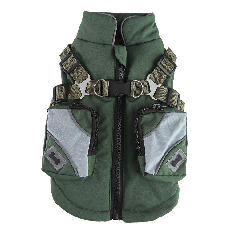 Army green winter cotton jacket for dogs, providing warmth and protection in cold weather