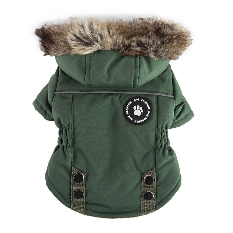 Army green winter cotton jacket for dogs, offering cozy warmth and style for your pet during winter months
