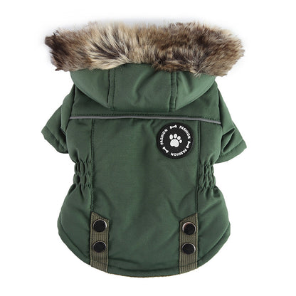 Army green winter cotton jacket for dogs, offering cozy warmth and style for your pet during winter months