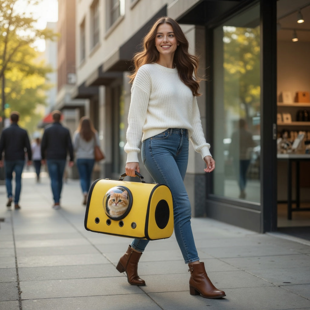 Woman walking down a city street holding a yellow Premium Pet Carrier Backpack with a cat design.