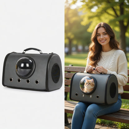 gray Premium Pet Carrier Backpack with a transparent dome on a white background, followed by a woman sitting on a park bench with a cat inside the carrier.