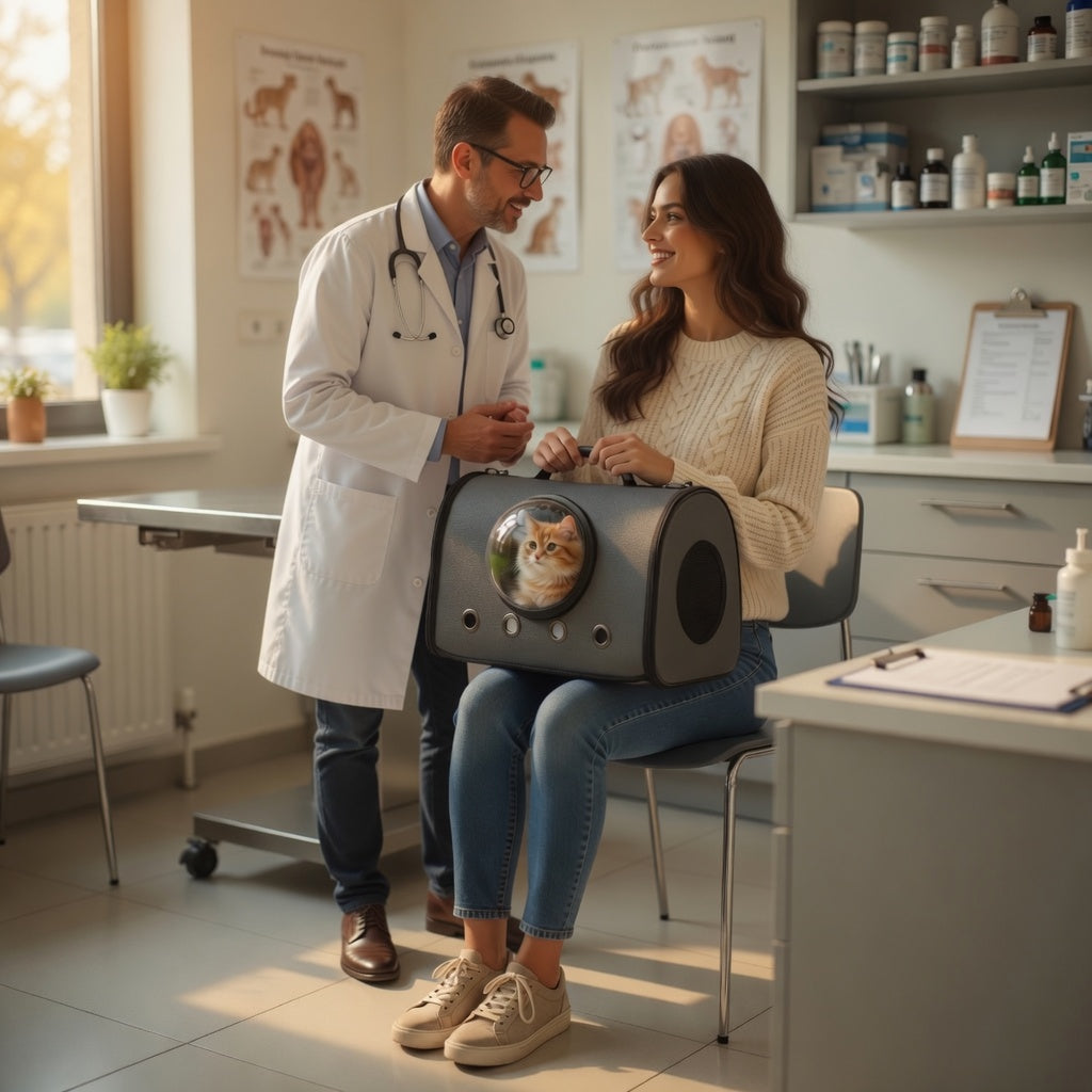 Doctor and patient in a clinic with a Premium Pet Carrier Backpack containing a cat.