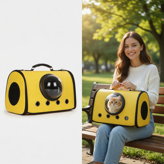 Yellow Premium Pet Carrier Backpack with a cat inside, shown on a white background and outdoors.