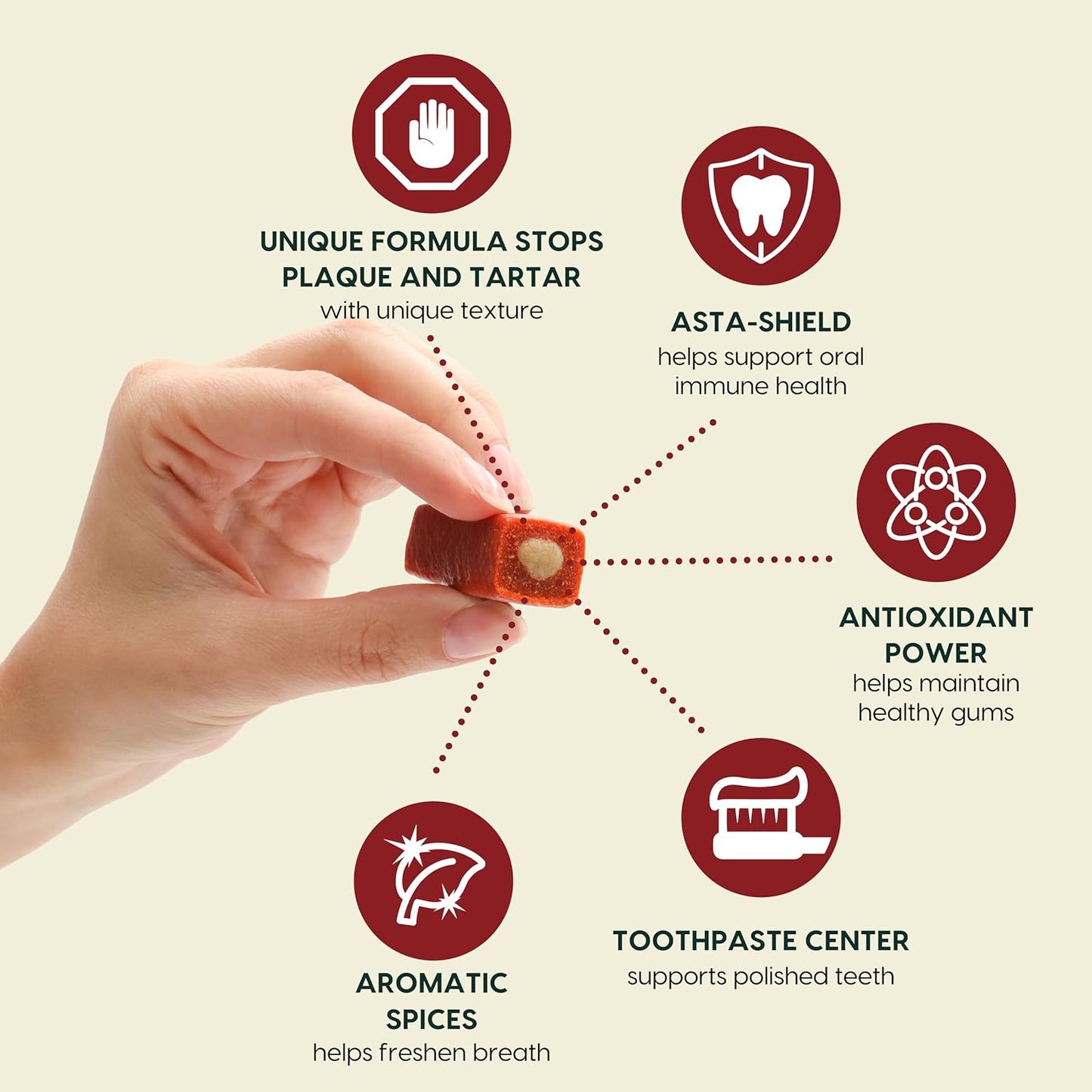 Hand holding a small red container with health benefits listed on a beige background