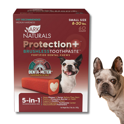 Box of Ark Naturals Protection+ Brushless Toothpaste Fortified Dental Chews for dogs with a dog on a white background
