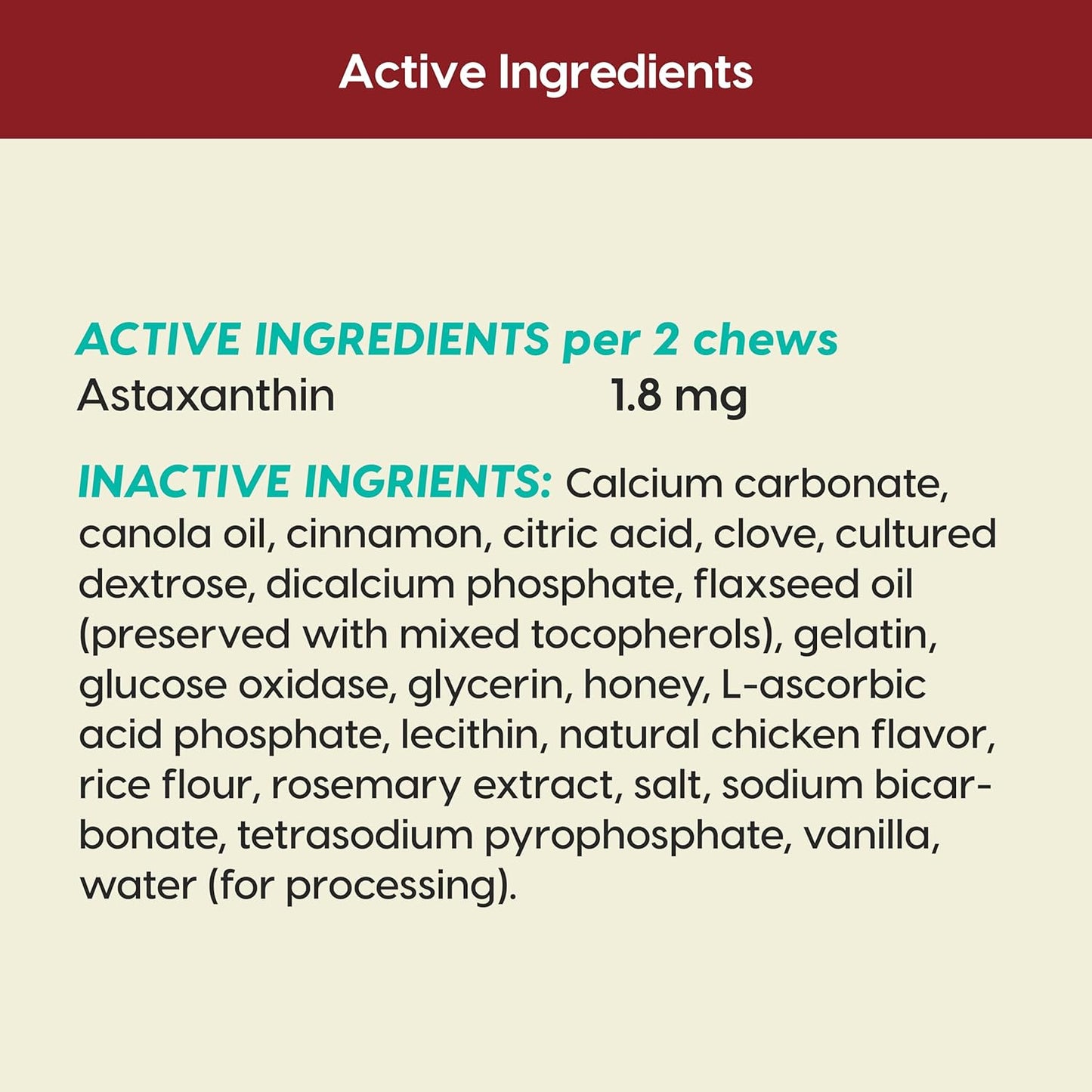 List of active and inactive ingredients with Astaxanthin content on a beige background