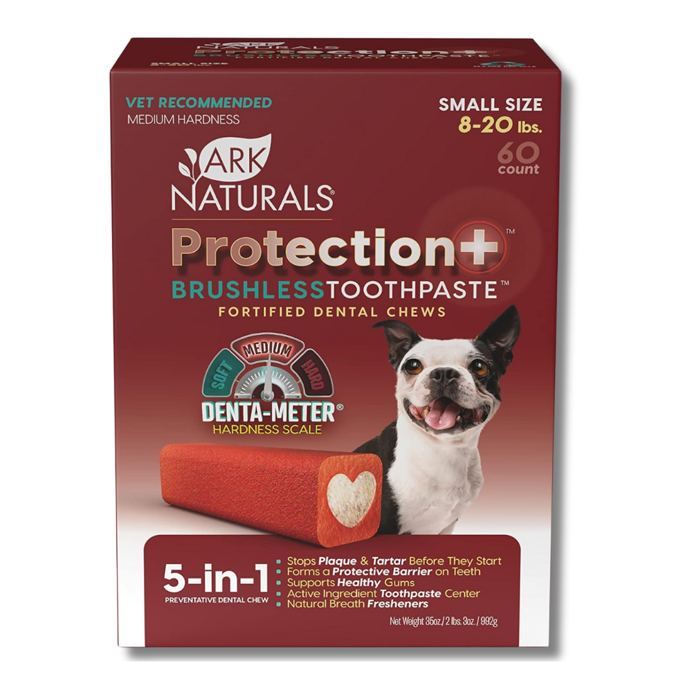 Box of Ark Naturals Protection+ Brushless Toothpaste for dogs on a white background