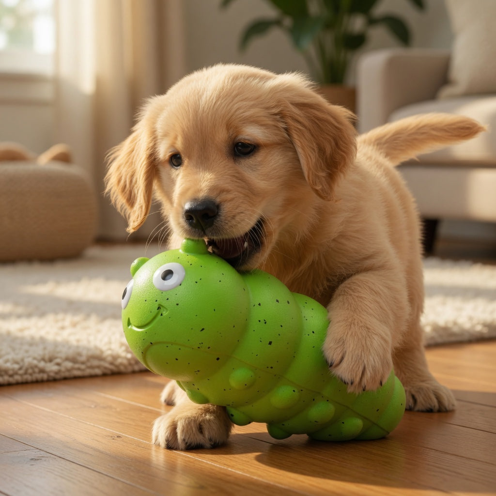 Puppy playing with a green Puppy Chew Toys on a wooden floor.