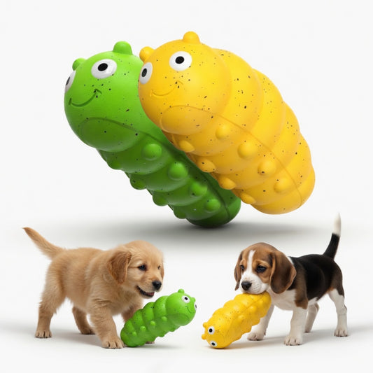 Two puppy chew toys, one green and one yellow, with two puppies playing with them on a white background.