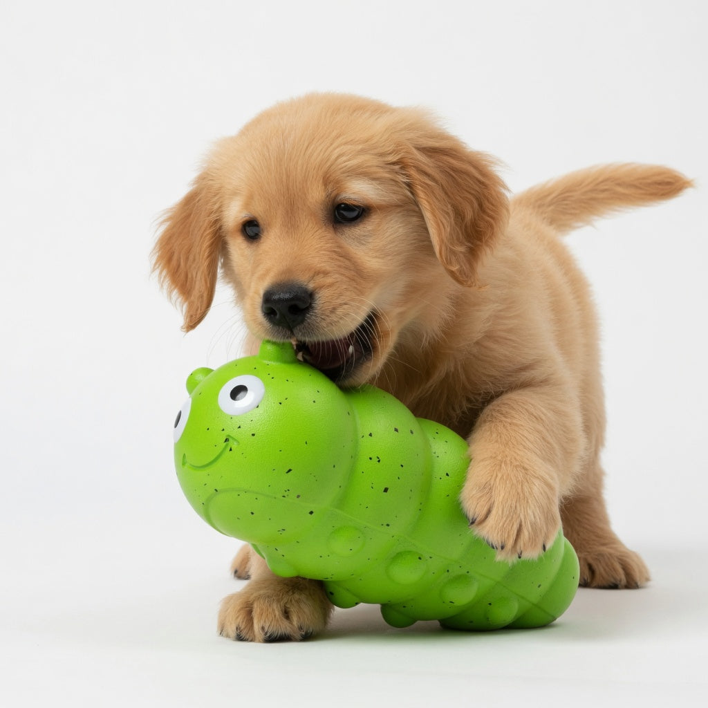 Puppy playing with a green Puppy Chew Toys on a white background