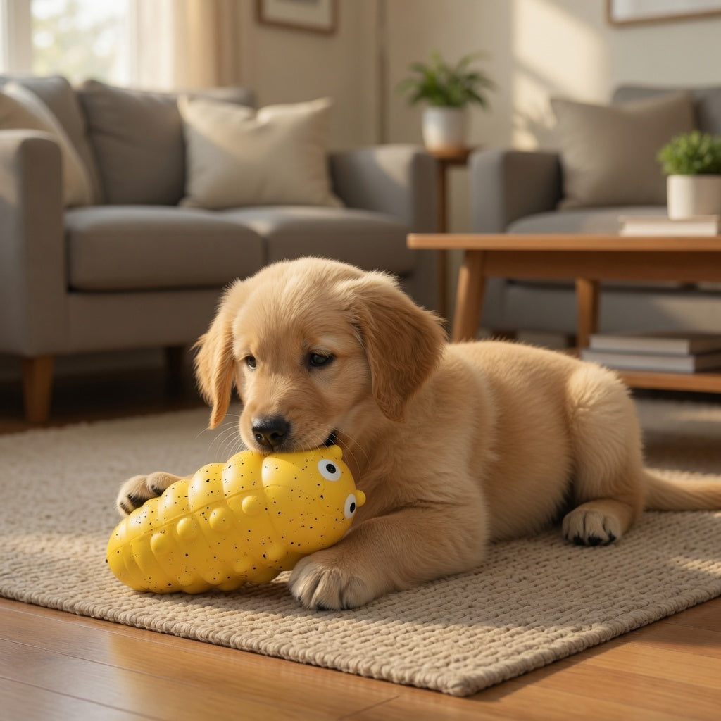 Puppy playing with a yellow Puppy Chew Toys in a living room