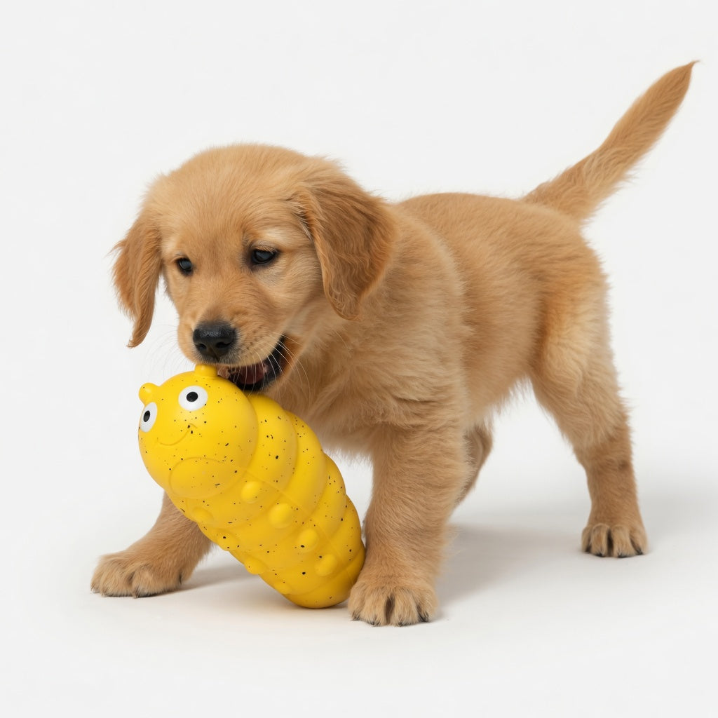 Puppy playing with a yellow Puppy Chew Toys on a white background