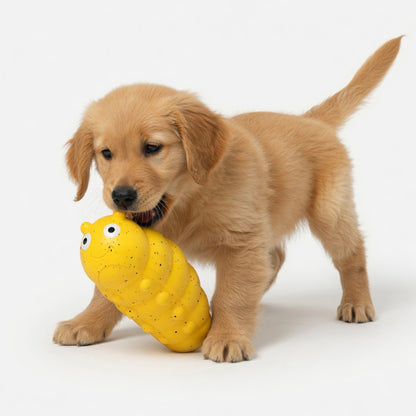 Puppy playing with a yellow Puppy Chew Toys on a white background
