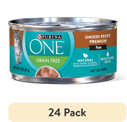 24-pack of 3 oz cans of Purina ONE Grain-Free Chicken Pate Wet Cat Food, featuring real chicken as the primary ingredient, providing high-quality protein to support strong muscles.