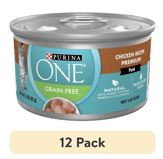 Twelve 3 oz cans of Purina ONE Pate Wet Cat Food in Chicken Flavor, offering complete and balanced nutrition for cats of all life stages.
